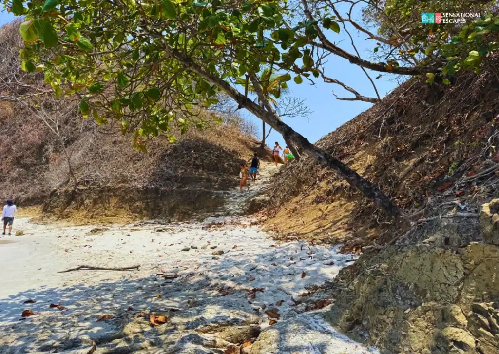 Visitors climbing a sandy, tree-shaded path between rocky cliffs at Playa Blanca, Puntarenas.