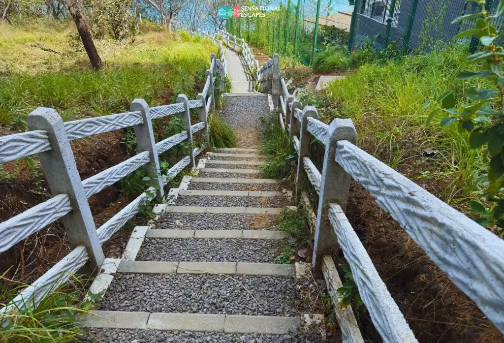 Sendero de gradas en grava y concreto hacia Playa Penca en Guanacaste, construido por el hotel Waldorf Astoria, con barandales blancos y vegetación a los lados.