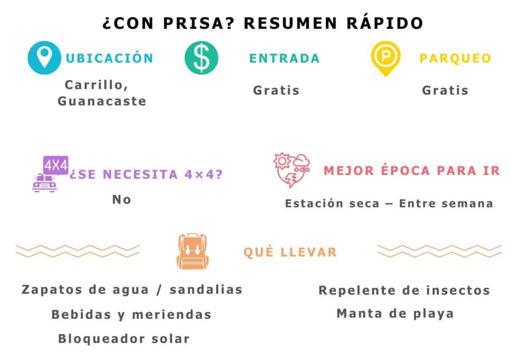 Resumen rápido de Playa Penca: Ubicada en Carrillo, Guanacaste. Entrada y parqueo gratis. No se necesita 4x4. Mejor visitarla en estación seca entre semana. Empaque recomendado: zapatos de agua, snacks, bloqueador solar, repelente e incluso una manta para la arena.
